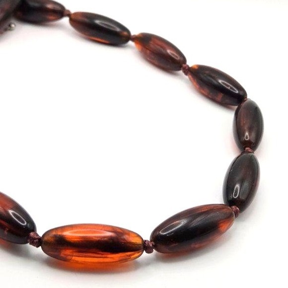 Vintage 1970s Tortoise Amber Colored Lucite‎ Bead Necklace 34" Knotted Oval - Picture 2 of 4